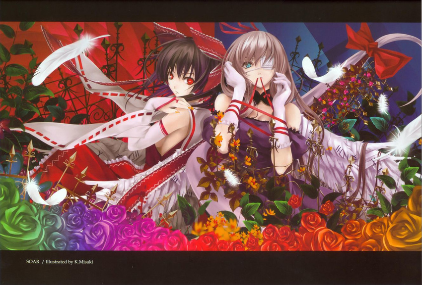 bangs cradle_(artist) eyepatch hakurei_reimu misaki_kurehito multiple_girls touhou wallpaper yakumo_yukari