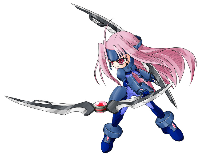 bodysuit dual_wielding headband holding long_hair lyrical_nanoha mahou_shoujo_lyrical_nanoha_strikers numbers'_uniform numbers_(nanoha) pink_hair red_eyes sette_(nanoha) simple_background skin_tight solo sword uka uniform very_long_hair weapon white_background yuuka_(o.t.kingdom)