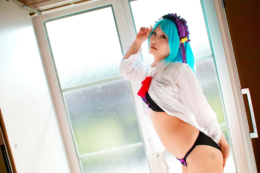 asian black_bra black_panties blue_hair bra cosplay demon_girl kurono_kurumu kuruno_kurumu kuruno_kurumu_(cosplay) lingerie open_clothes open_shirt panties photo real rosario+vampire shirt snow_flakes succubus thighs underwear