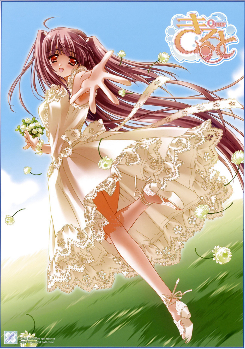 airi_(quilt) blush carnelian clover_(flower) dress flower highres lace lace-trimmed_dress quilt_(game) smile solo two_side_up