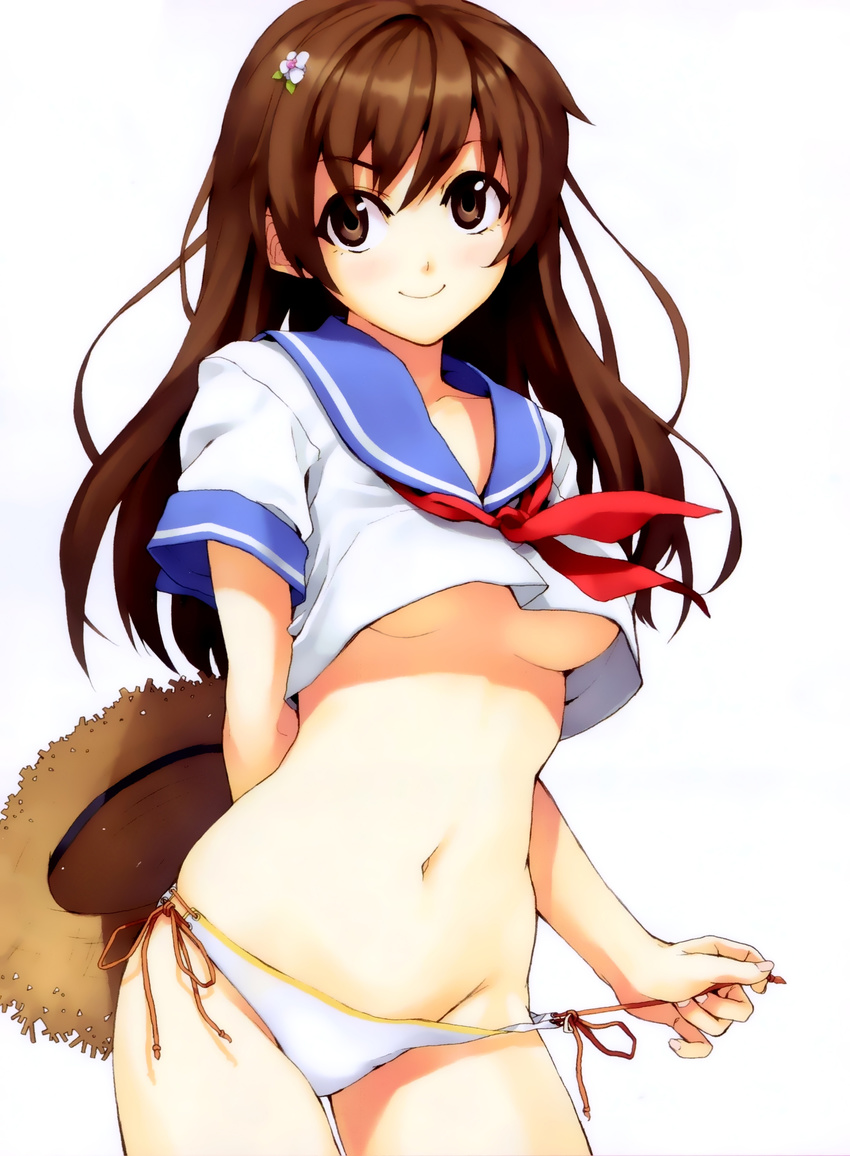 absurdres breasts brown_eyes brown_hair crop_top flower hair_flower hair_ornament hands hat hat_removed headwear_removed highres hips holding holding_hat long_hair lowleg luna_(reclaimed_land) medium_breasts midriff navel neckerchief no_bra original panties scan school_uniform serafuku side-tie_panties smile solo standing straw_hat string_panties underboob underwear undressing white_panties