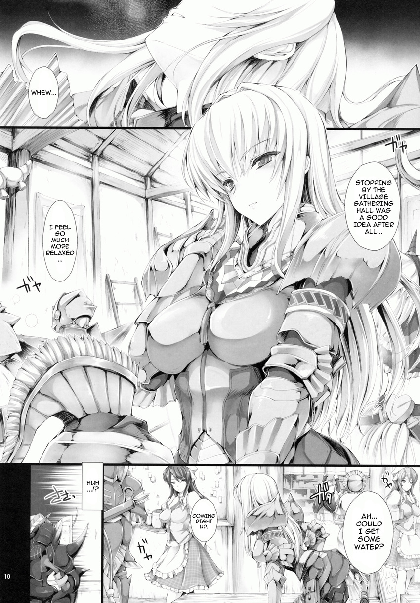 aqua_eyes armor blonde breasts censored full gauntlets gloves helmet high-res kizuki_aruchu kushala_daora large_breasts long_hair lying monster_hunter navel on_back oppai pub solo storyline torn_clothes translated udon-ya