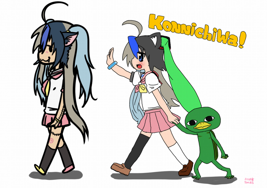 ahoge animal_ears black_hair blue_eyes blue_hair cat_ears clannad crossover drawfag fang fusion hatsune_miku ikeda_kana izumi_konata kappa kud_wafter little_busters! long_hair lucky_star moetron multicolored_hair noumi_kudryavka ore_no_imouto_ga_konna_ni_kawaii_wake_ga_nai parody sakagami_tomoyo saki school_uniform silver_hair skirt twintails vocaloid