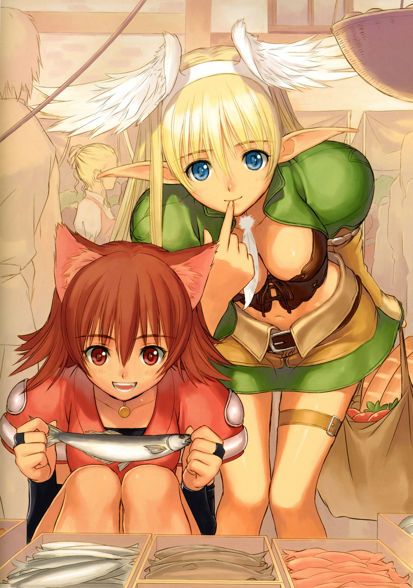 :d absurdres animal_ears bag belt blonde_hair blue_eyes breasts brown_hair cat_ears cleavage elbow_gloves elf elwing feathers finger_to_mouth fish gloves head_wings headband highres jewelry leaning_forward long_hair looking_at_viewer mao_(shining_tears) medium_breasts midriff multiple_girls navel necklace open_mouth pointy_ears red_eyes shining_(series) shining_tears shining_wind shining_world short_hair sitting skirt smile tanaka_takayuki