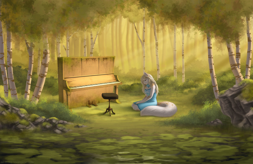 cat clearing dress feline female forest foxamoore instrument kneeling mammal moss musical_instrument orange04 piano scenery solo stool tree wood