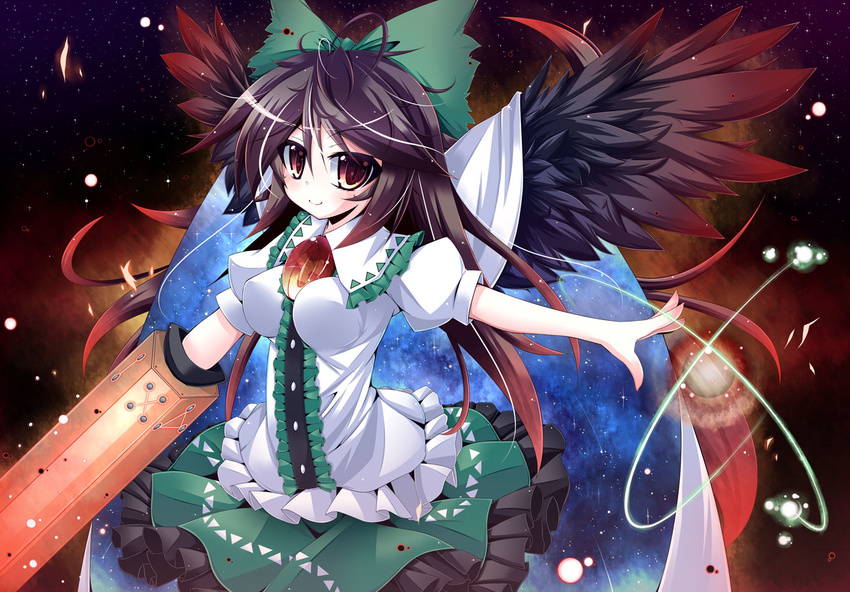 arm_cannon black_hair black_wings bow breasts cape frills futase_hijiri green_bow hair_bow impossible_clothes long_hair medium_breasts red_eyes reiuji_utsuho skirt smile solo third_eye touhou weapon wings