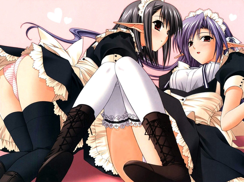 ai_(tick!_tack!) all_fours ass black_hair blue_hair boots maid miniskirt multiple_girls official_art panties red_eyes sage_(tick!_tack!) scan shuffle! sitting skirt smile suzuhira_hiro thighhighs tick!_tack! underwear