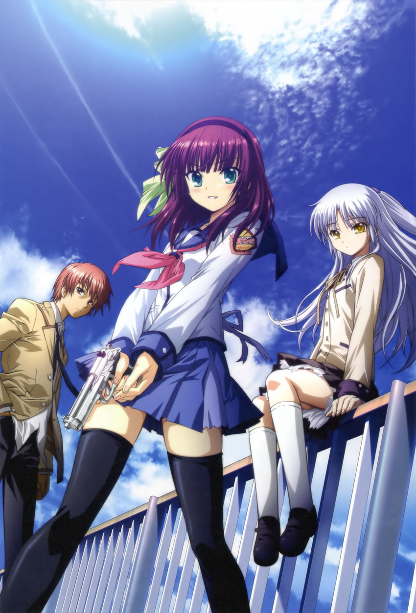 2girls absurdres angel_beats! black_legwear blazer bow brown_hair cloud day green_eyes gun hair_bow hairband highres hirata_katsuzou jacket long_hair multiple_girls necktie non-web_source official_art otonashi_(angel_beats!) purple_hair scan school_uniform serafuku shinda_sekai_sensen_uniform short_hair silver_hair sky socks tenshi_(angel_beats!) thighhighs very_long_hair weapon yellow_eyes yuri_(angel_beats!) zettai_ryouiki