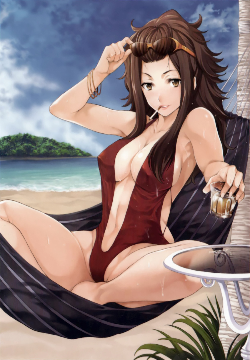 alcohol armpits beach bracelet breasts brown_hair center_opening cigarette cleavage cup day drink drinking_glass eyewear_on_head face forehead glass glasses hammock hands high_ponytail highres jewelry large_breasts lips naomi_(nmh) navel no_more_heroes ocean one-piece_swimsuit sand smoking solo sunglasses swimsuit tomozo_kaoru wavy_hair wet yellow_eyes