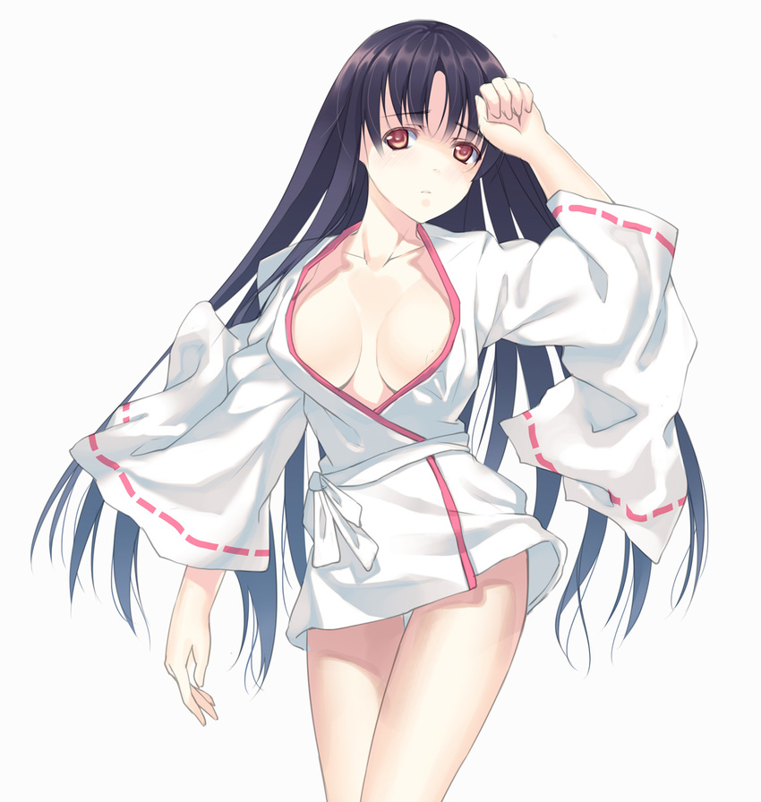 bad_id bad_pixiv_id black_hair breasts brown_eyes cleavage highres japanese_clothes joeian long_hair medium_breasts miko original simple_background solo thighs