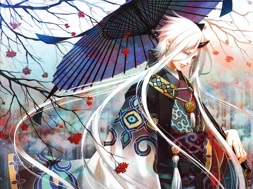 1boy absurdres artist_request aside_glance berries demon highres horn japanese_clothes long_hair looking_at_viewer male male_focus monster_boy outdoors parasol pink_eyes pointy_ears seal snow solo string tassel umbrella very_long_hair white_hair wind