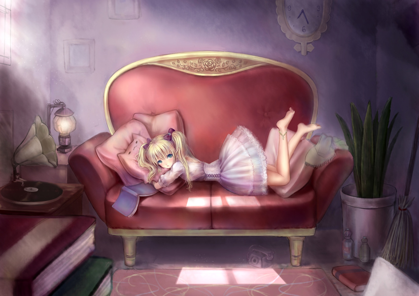anklet bad_id bad_pixiv_id barefoot blonde_hair book bow clock couch dress earrings feet green_eyes hair_bow highres jewelry legs long_hair lying on_stomach original phone phonograph pillow pillow_hug plant pointy_ears potted_plant rotary_phone solo twintails tyun