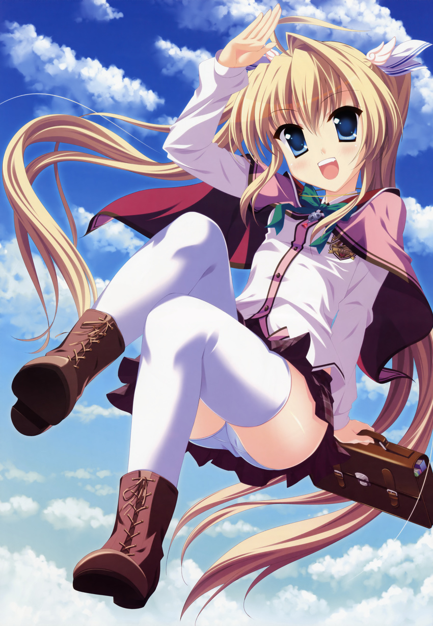 :d absurdres angel_ring bag blonde_hair blue_eyes boots capelet highres huge_filesize mika_alsted_heine open_mouth panties school_uniform smile thighhighs twintails underwear white_legwear white_panties yamakaze_ran