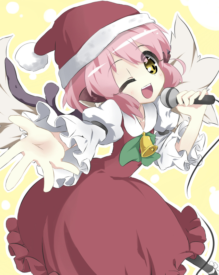 animal_ears bad_id bad_pixiv_id bell christmas dress hat highres microphone music mystia_lorelei one_eye_closed open_mouth outstretched_hand pink_hair santa_costume santa_hat short_hair singing solo touhou urimono wings yellow_eyes