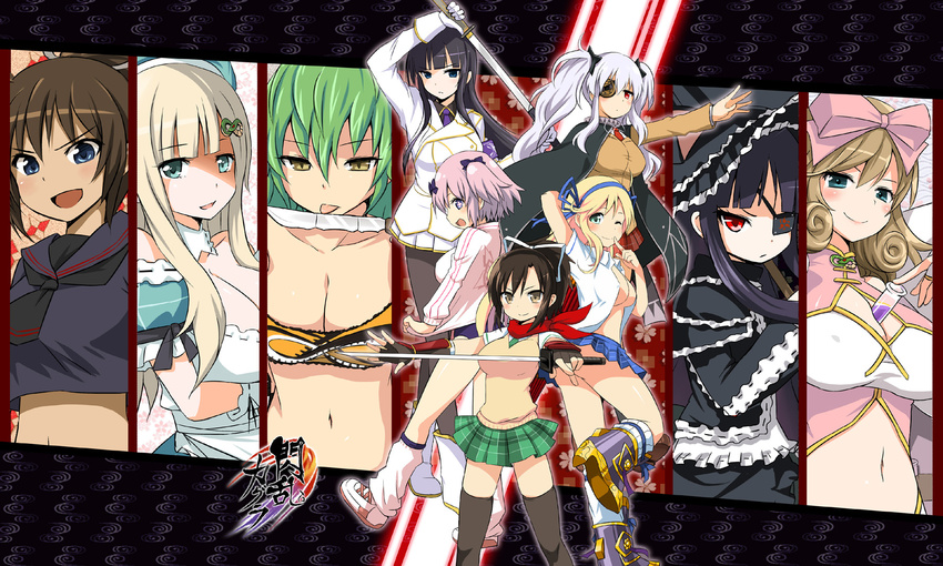 arm_up asuka_(senran_kagura) between_breasts black_hair black_legwear blade_licking blonde_hair blue_eyes blush breasts brown_eyes cleavage column_lineup everyone eyepatch finger_to_mouth fingerless_gloves gloves gothic_lolita hair_ornament hair_ribbon haruka_(senran_kagura) hibari_(senran_kagura) highres hikage_(senran_kagura) homura_(senran_kagura) ikaruga_(senran_kagura) katsuragi_(senran_kagura) knife large_breasts leg_warmers licking licking_weapon lolita_fashion long_hair medium_breasts mirai_(senran_kagura) multiple_girls navel one_eye_closed open_clothes open_mouth open_shirt outstretched_arm pantyhose pink_hair plaid red_eyes ribbon scarf school_uniform senran_kagura senran_kagura_shoujo-tachi_no_shin'ei sheath shirt short_hair skirt smile sweater_vest sword test_tube thighhighs tongue twintails uniform unsheathing weapon yagyuu_(senran_kagura) yellow_eyes yomi_(senran_kagura) zaxwu zettai_ryouiki