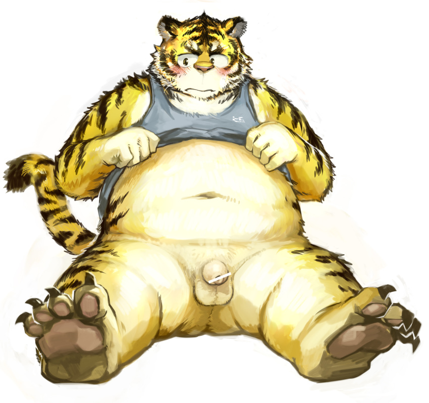 2012 anthro balls belly blush clothed clothing felid flaccid fur humanoid_hands humanoid_penis kitajiro2 male mammal navel open_shirt overweight overweight_male pantherine penis simple_background sitting solo tiger white_background yellow_fur