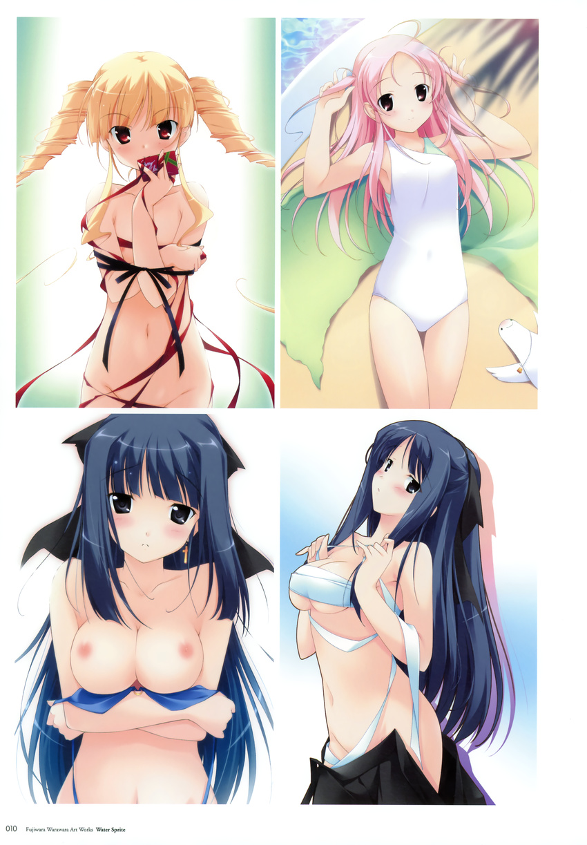 bikini breast_hold fujiwara_warawara hiinoki_suzuri hoshina_nanami mizugi naked_ribbon nipples oppai sarashi shirokuma_bellstars tsukimori_ririka