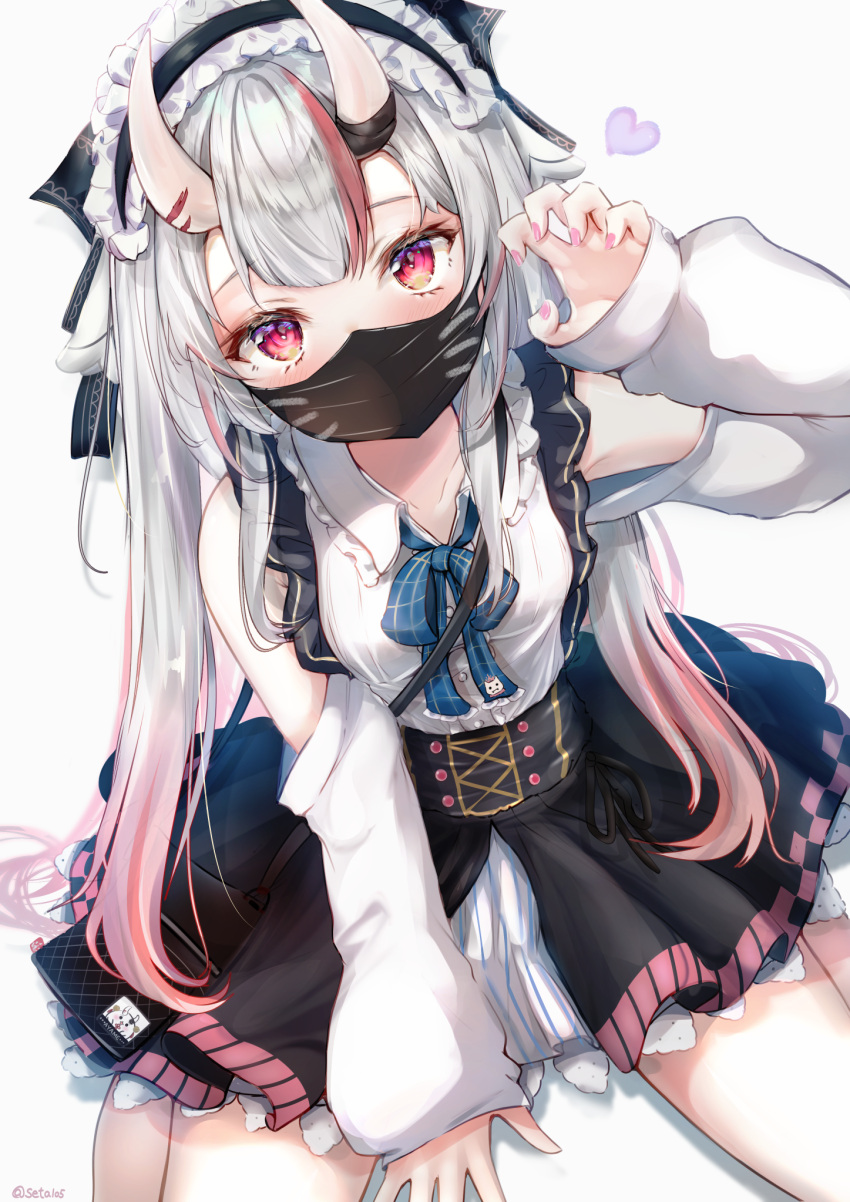 1girl arm_support between_legs black_bow black_mask black_skirt blue_ribbon blush bow breasts center_frills claw_pose clothing_cutout collared_shirt covered_mouth frilled_hairband frilled_shirt frilled_shirt_collar frills gradient_hair grey_hair hair_bow hairband hand_between_legs hand_up high-waist_skirt highres hololive horns lolita_fashion lolita_hairband long_hair looking_at_viewer mask miniskirt mouth_mask multicolored_hair nail_polish nakiri_ayame neck_ribbon official_alternate_costume official_alternate_hairstyle oni_horns overskirt pink_nails pinstripe_pattern pinstripe_skirt red_eyes red_hair ribbon seta_(seta105) shirt shoulder_cutout sitting skirt sleeve_cuffs small_breasts solo streaked_hair striped suspender_skirt suspenders twintails underbust virtual_youtuber wariza white_shirt white_skirt