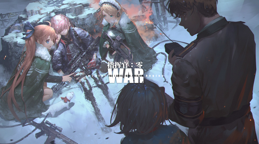 4girls ahoge apron ar-15 armband armor assault_rifle bangs battle_rifle black_gloves blonde_hair blue_eyes bow braid breastplate breasts brown_hair character_name closed_eyes closed_mouth coat cold commander_(girls_frontline) commentary_request eyebrows_visible_through_hair fal_(girls_frontline) ferret fingerless_gloves flare fn_fal fur-trimmed_coat fur_trim g36 g36_(girls_frontline) gas_mask girls_frontline gloves grifon&amp;kryuger gun hair_between_eyes hair_ornament hand_on_another's_cheek hand_on_another's_face heckler_&amp;_koch highres hinoborukaku holding holding_gun holding_walkie-talkie holding_weapon jacket long_hair maid maid_headdress medium_breasts mod3_(girls_frontline) multicolored_hair multiple_girls outdoors pink_hair ponytail red_gloves rifle short_hair side_ponytail sidelocks sitting snow snowing squatting st_ar-15_(girls_frontline) streaked_hair thigh_strap thighhighs vector_(girls_frontline) very_long_hair walkie-talkie weapon wind