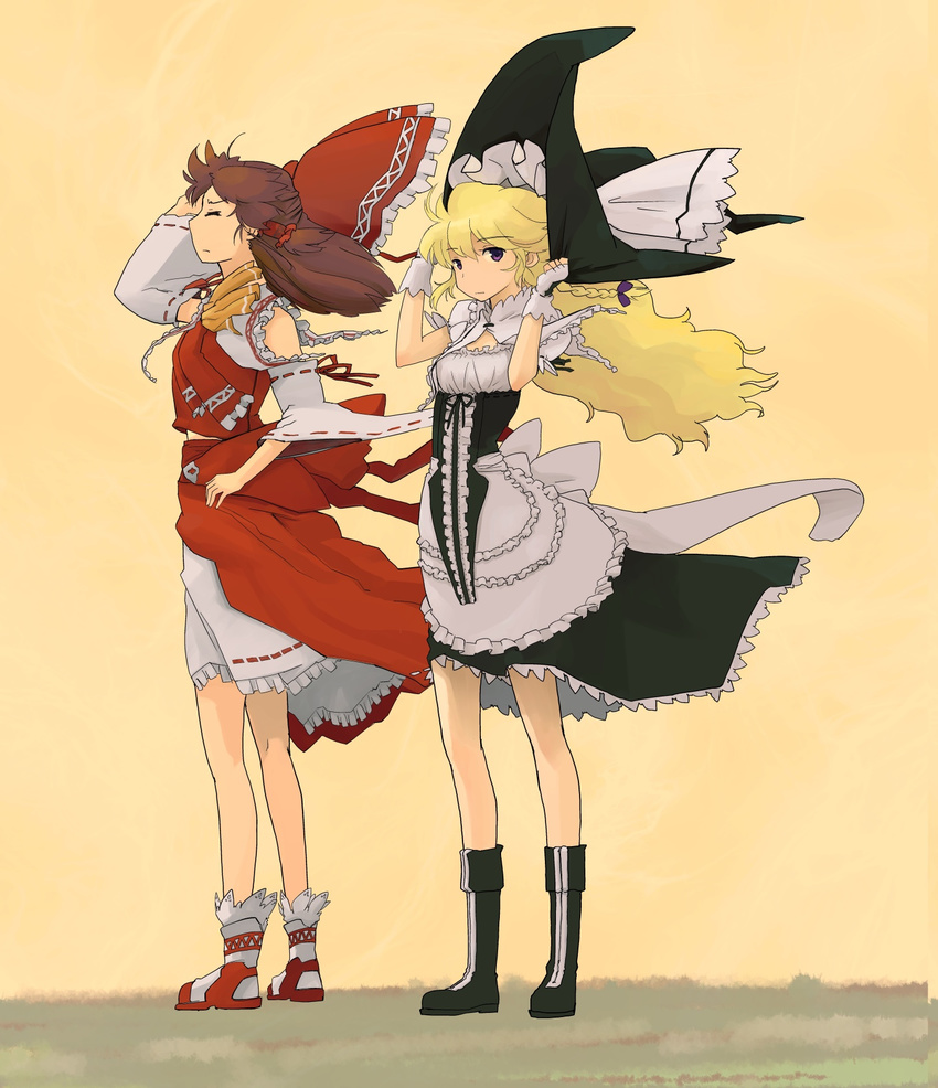 adapted_costume ascot blonde_hair boots bow braid brown_hair closed_eyes curiosities_of_lotus_asia detached_sleeves fingerless_gloves gloves hair_bow hair_tubes hakurei_reimu hat highres kirisame_marisa long_hair multiple_girls pinzu purple_eyes skirt standing touhou white_gloves wind witch_hat