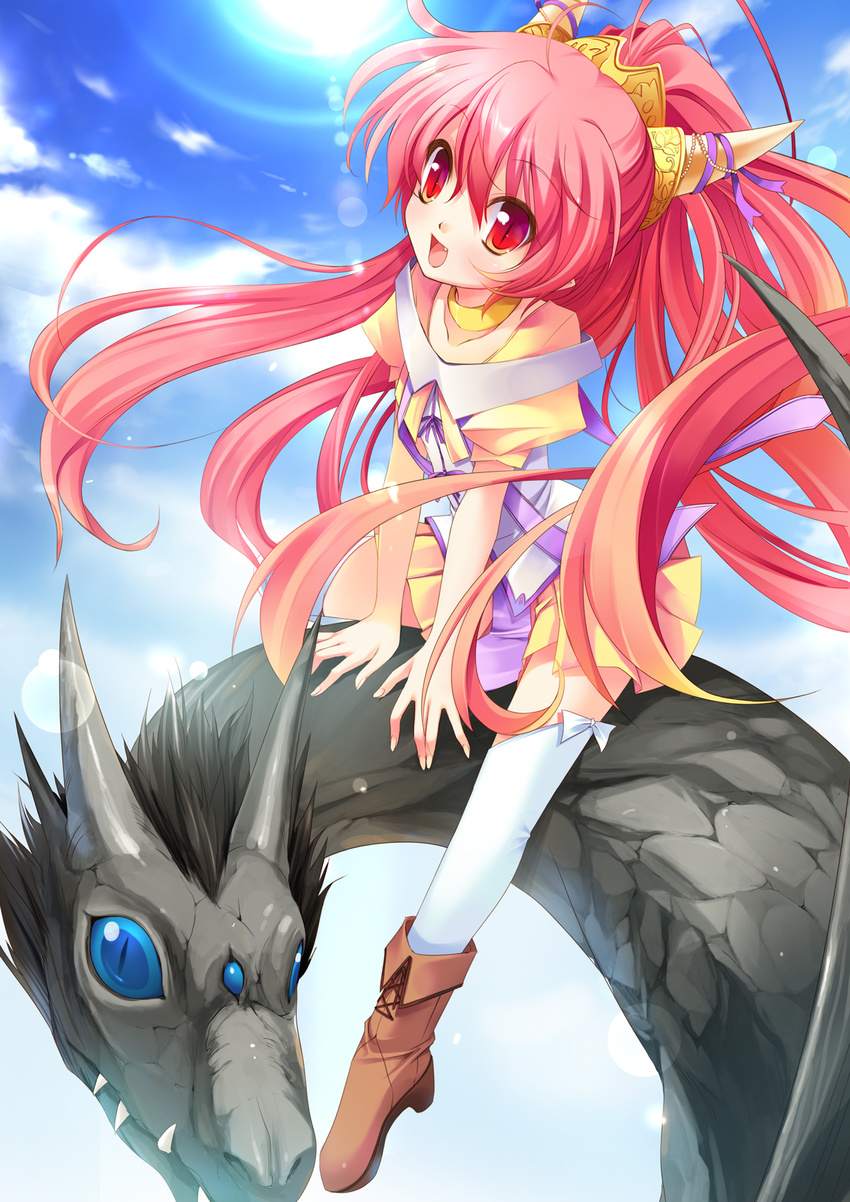 ayakaze_ryuushou dragon dragon_girl fang highres long_hair monster_girl original pink_hair ponytail red_eyes solo thighhighs very_long_hair