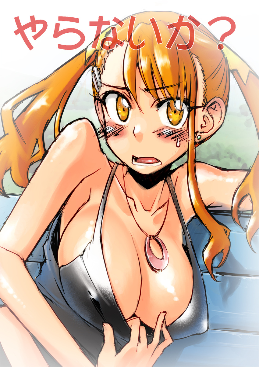 anjou_naruko ano_hi_mita_hana_no_namae_wo_bokutachi_wa_mada_shiranai. bare_shoulders blush breasts camisole cleavage covered_nipples earrings highres hitotose_rin jewelry large_breasts long_hair necklace open_mouth orange_eyes orange_hair shirt_pull solo sweatdrop twintails yaranaika