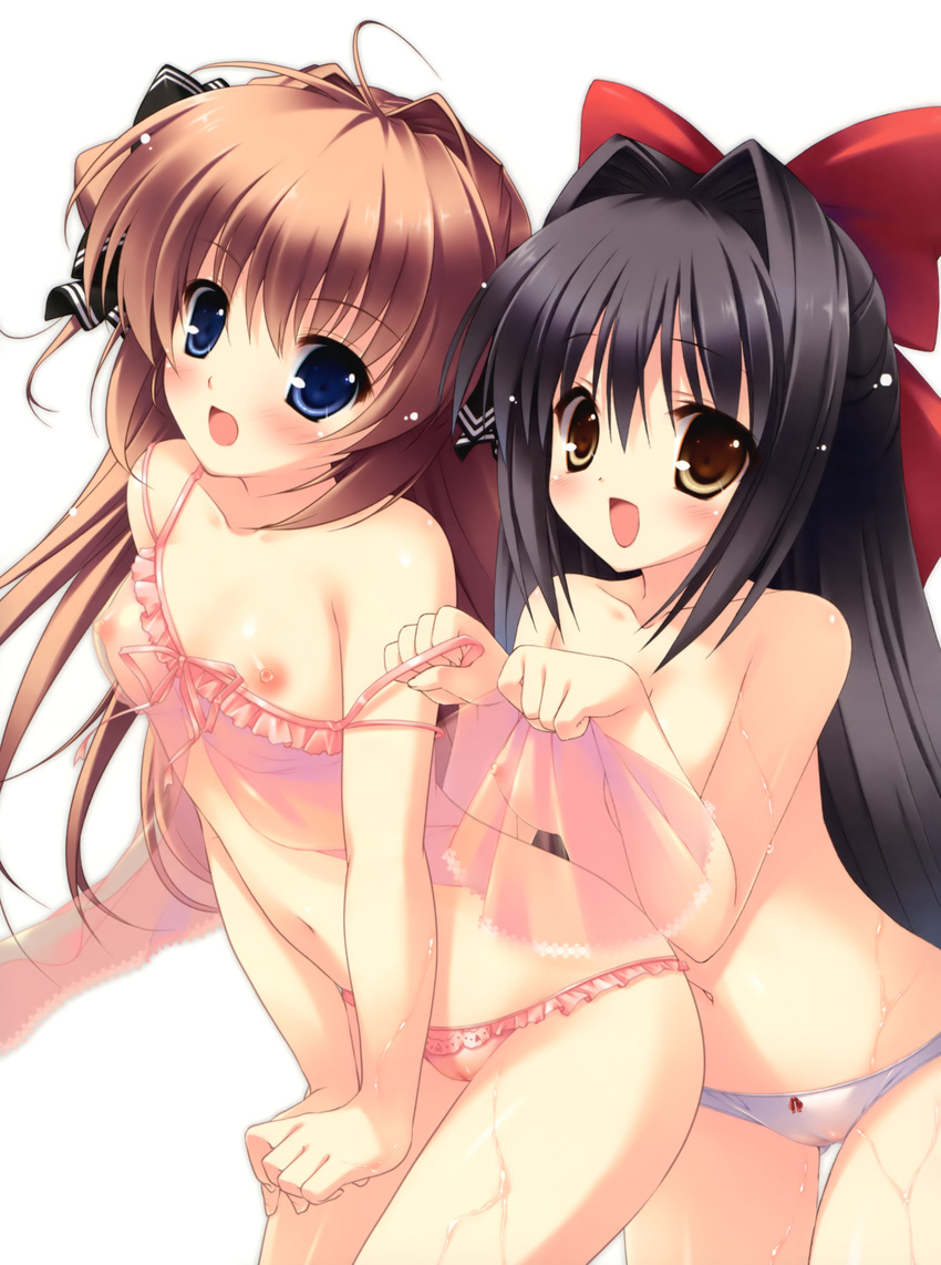 :d :o absurdres asuka_mirai babydoll benzaiten_enishi black_hair blonde_hair blue_eyes blush bow breasts brown_eyes cameltoe hair_bow highres long_hair looking_at_viewer mikeou multiple_girls nanairo_kouro nipples no_bra open_mouth panties sasorigatame see-through small_breasts smile strap_slip topless underwear underwear_only wet