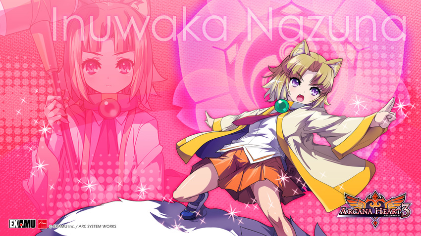 akaga_hirotaka animal_ears arcana_heart arcana_heart_3 brooch brown_hair character_name child collar copyright_name fang fighting_stance flat_chest fox_ears frown glowing hammer highres inuwaka_nazuna jewelry logo magic mary_janes misono_gakuen_school_uniform necktie official_art open_clothes open_mouth open_robe orange_skirt outstretched_arms pleated_skirt purple_eyes robe school_uniform shoes short_hair skirt socks sparkle spread_arms spread_legs uwabaki wallpaper weapon