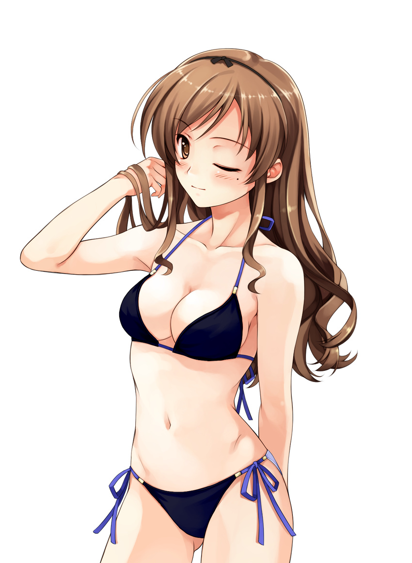 abhar aliasing bikini brown_eyes brown_hair cleavage extraction long_hair misaki_kurehito mizugi mole nakano_hinata side-tie_bikini solo suiheisen_made_nan_mile? wink