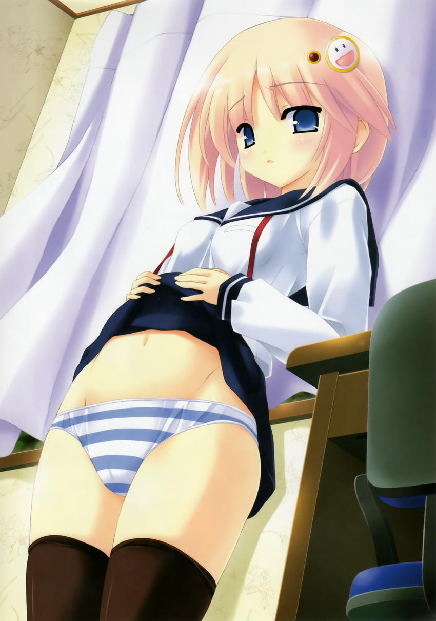 absurdres black_legwear blue_eyes blue_panties curtains highres huge_filesize kinohara_hikaru leaning_back megami megami_creators panties pink_hair scan school_uniform serafuku short_hair skirt skirt_lift solo striped striped_panties thighhighs underwear