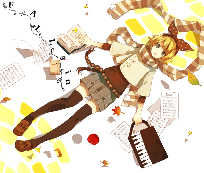 apple book casual food fruit highres kagamine_rin lying music scarf sheet_music solo striped striped_scarf thighhighs vocaloid yunomachi