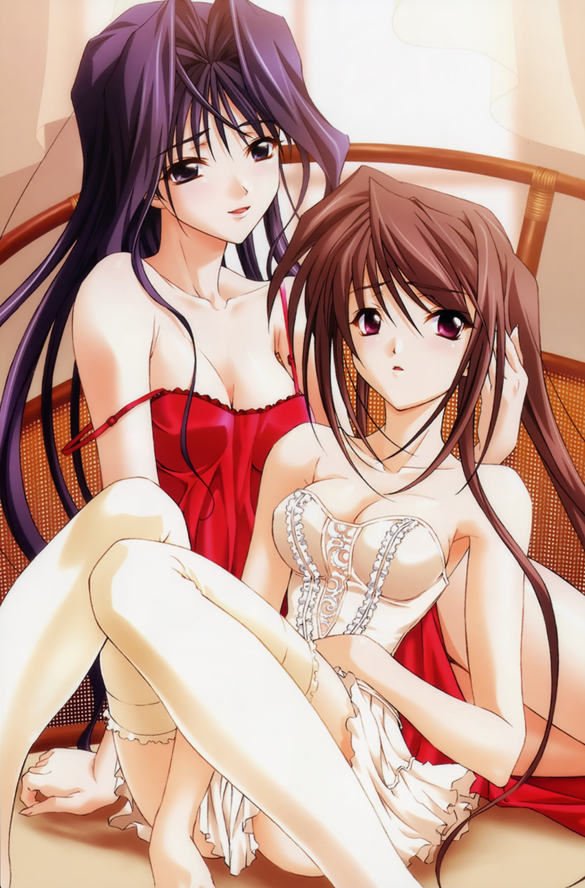 absurdres amamiya_mizuho bare_shoulders breasts brown_hair cleavage highres hina_asuka koshimizu_takayuki lingerie long_hair medium_breasts memories_off memories_off#5 multiple_girls nightgown open_mouth purple_eyes purple_hair red_eyes sitting thighhighs underwear