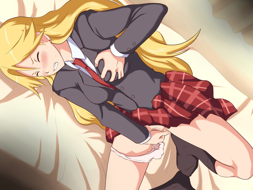 1girl bed blonde_hair blush breast_grab breasts buttons clenched_teeth clothed_masturbation earrings endured_face eyes_closed fingering grabbing jewelry kimura_kaere knee_up long_hair long_sleeves lying maku_(l-u) makura_no_doushi masturbation necktie on_bed panties panties_around_leg panties_around_one_leg plaid plaid_skirt sayonara_zetsubou_sensei school_uniform skirt socks solo spread_legs sweat teeth thighhighs underwear white_panties