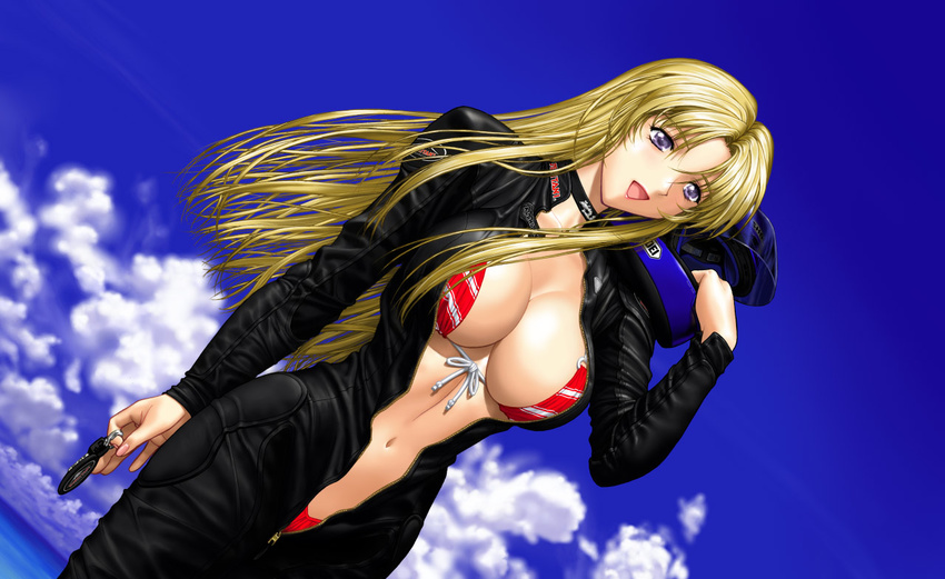 1girl biker_clothes bikesuit bikini blonde_hair bodysuit breasts choker cleavage cloud dutch_angle female front-tie_top helmet keychain large_breasts long_hair navel open_clothes open_mouth outdoors purple_eyes sky smile solo swimsuit swimsuit_under_clothes unzipped violet_eyes water yumenosuke