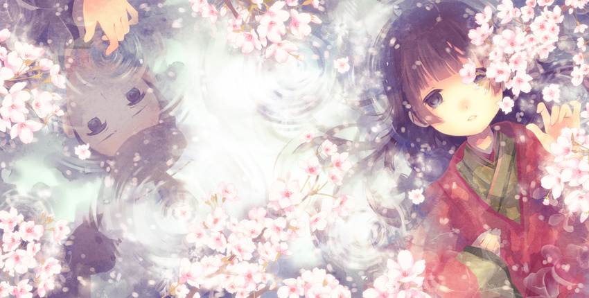1girl blue_eyes brown_hair cherry_blossoms japanese_clothes lying mirusa original petals reflection water