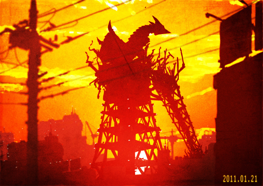 cityscape crane czn dated gamera_(series) gyaos kaijuu monster no_humans power_lines realistic ruins scenery silhouette skyline sunset telephone_pole tokyo_tower twilight