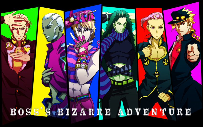 abs arms_up belt blonde_hair blue_eyes brown_eyes chest column_lineup cosplay covering_face dark_skin dark_skinned_male dio_brando enrico_pucci fingerless_gloves giorno_giovanna giorno_giovanna_(cosplay) gloves green_hair hat higashikata_jousuke higashikata_jousuke_(cosplay) honchu horns jojo_no_kimyou_na_bouken jojo_pose jonathan_joestar jonathan_joestar_(cosplay) joseph_joestar_(young) joseph_joestar_(young)_(cosplay) kars_(jojo) kira_yoshikage kuujou_jolyne kuujou_jolyne_(cosplay) kuujou_joutarou kuujou_joutarou_(cosplay) long_hair male_focus midriff multiple_boys pink_eyes pink_hair pointing pose red_eyes scarf striped striped_scarf sweatdrop vinegar_doppio white_hair