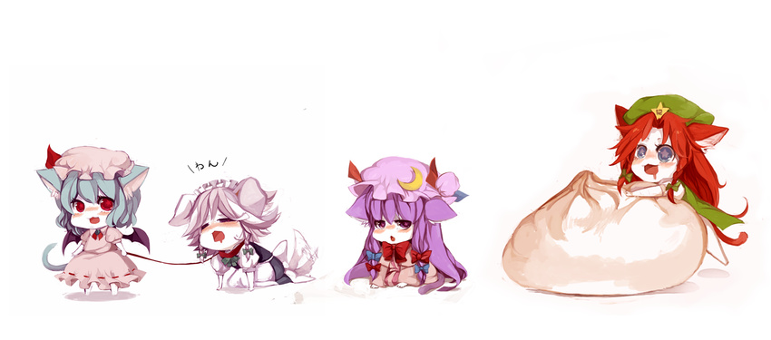 :3 =_= amachi_osamu animal_ears bad_id bad_pixiv_id baozi blue_eyes blue_hair blush bow braid cat_ears cat_tail chibi chinese_clothes closed_eyes dog_ears dog_tail food hair_bow hat highres hong_meiling izayoi_sakuya kemonomimi_mode long_hair multiple_girls open_mouth patchouli_knowledge purple_hair red_eyes red_hair remilia_scarlet silver_hair symbol-shaped_pupils tail tail_wagging touhou twin_braids