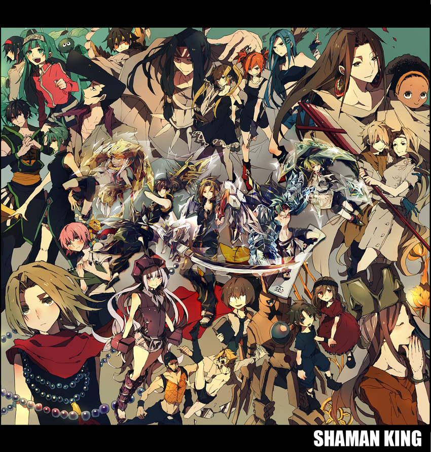 6+girls asakura_hao asakura_you bandana blonde_hair blue_hair brown_eyes brown_hair china_dress chinese_clothes chocolove damuko dress earrings eliza_(shaman_king) everyone eyeshadow fingerless_gloves gloves green_hair hairband highres iron_maiden_jeanne jewelry johann_faust_viii kanna_bismarch kyouyama_anna lee_bailong long_hair luchist_lasso lyserg_diethel makeup marco_lasso marion_phauna matilda_matisse multiple_boys multiple_girls nichrom opacho open_mouth orange_hair oyamada_manta pink_hair red_eyes redseb_munzer ribbon sati_saigan seyram_munzer shaman_king short_hair short_twintails siblings silva_(shaman_king) silver_hair tamamura_tamao tao_jun tao_ren twintails umemiya_ryuunosuke usui_horokeu usui_pirika very_long_hair yuuichi_(bobobo) zombie