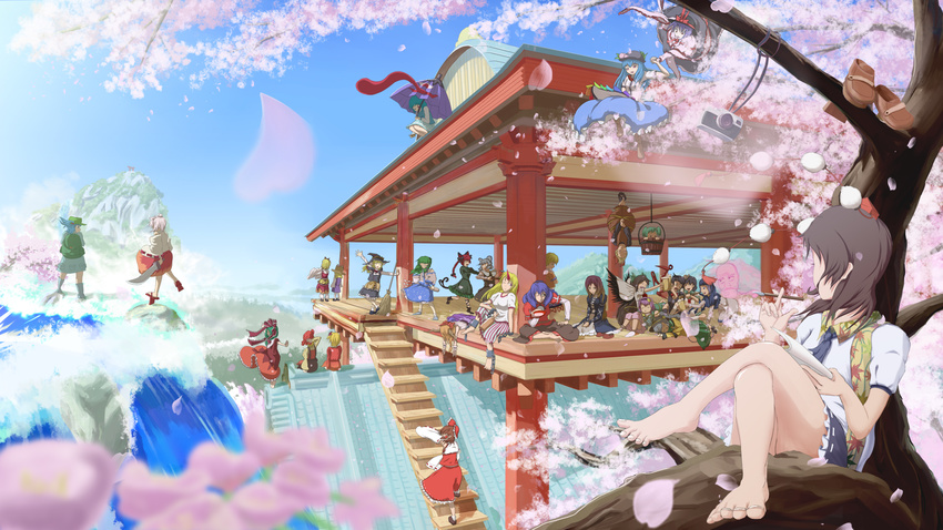 aki_minoriko aki_shizuha ankle_cuffs barefoot bucket camera cherry_blossoms double_spoiler everyone feet geta hakurei_reimu highres hijiri_byakuren hinanawi_tenshi horn hoshiguma_yuugi houjuu_nue ibuki_suika in_bucket in_container in_tree inubashiri_momiji kaenbyou_rin kagiyama_hina kawashiro_nitori kirisame_marisa kisume kochiya_sanae komeiji_koishi komeiji_satori kumoi_ichirin kurodani_yamame mizuhashi_parsee moriya_suwako mountain_of_faith multiple_girls murasa_minamitsu nagae_iku nazrin party reiuji_utsuho rmajiro scenery shameimaru_aya sitting sitting_in_tree subterranean_animism tatara_kogasa tengu-geta toramaru_shou torii touhou tree umbrella undefined_fantastic_object unzan water waterfall yasaka_kanako