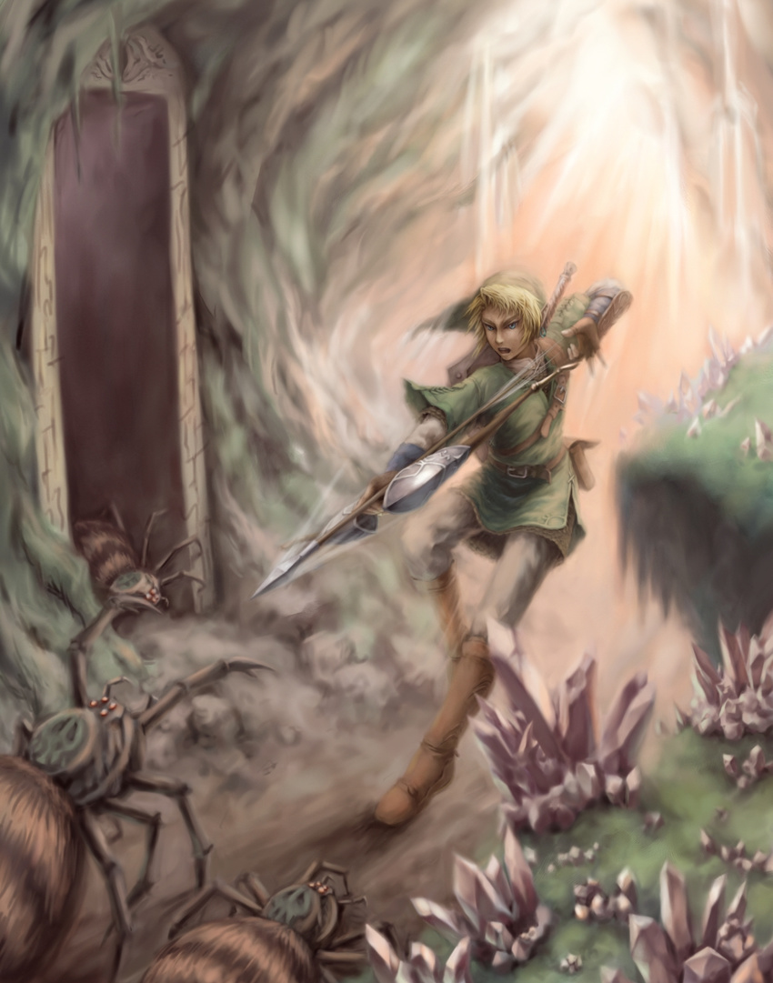 action arrow attack battle belt blonde_hair blue_eyes boots bow_(weapon) bug crystal drawing_bow firing gauntlets hat highres holding holding_arrow holding_bow_(weapon) holding_weapon khell left-handed link male_focus solo spider the_legend_of_zelda weapon