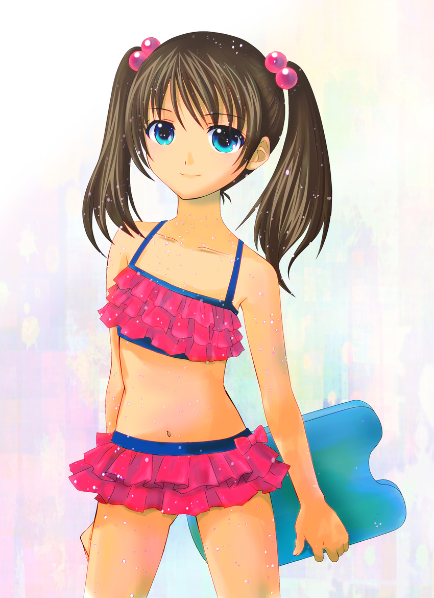 bikini blue_eyes brown_hair frills highres kickboard mao_(mao1985) original solo swimsuit twintails