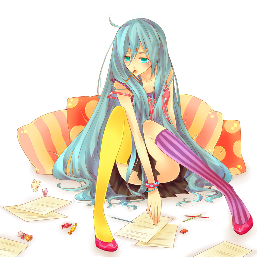 ahoge aqua_eyes aqua_hair asymmetrical_clothes bad_id bad_pixiv_id bracelet bug butterfly candy cushion food hatsune_miku highres insect jewelry kneehighs long_hair mismatched_legwear mouth_hold natsuki0910 paper pencil polka_dot purple_legwear simple_background single_thighhigh sitting skirt solo strap_slip striped striped_legwear thighhighs vertical-striped_legwear vertical_stripes very_long_hair vocaloid yellow_legwear