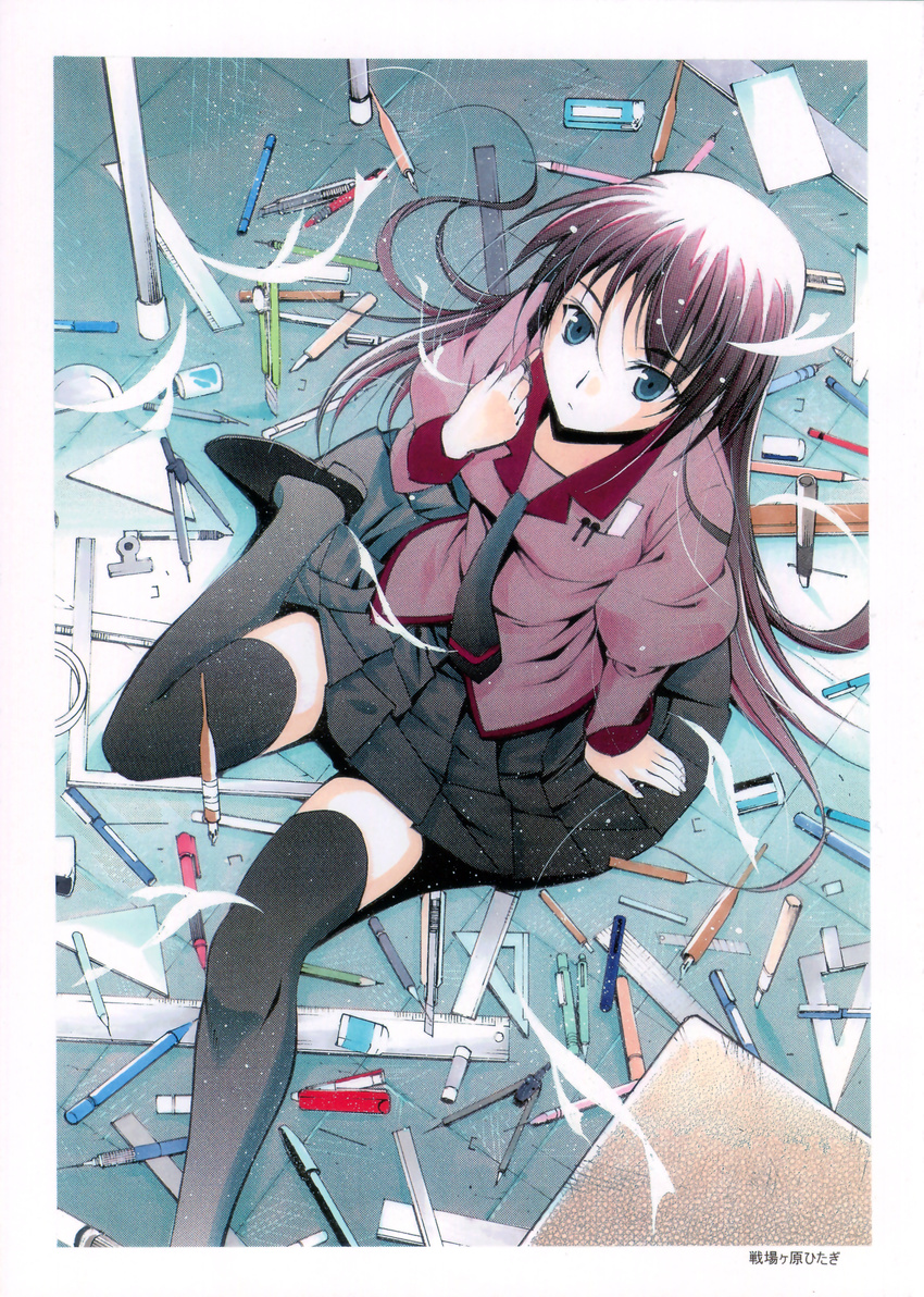 absurdres bakemonogatari black_legwear blue_eyes boxcutter from_above highres legs long_hair looking_up monogatari_(series) moonsorrow necktie pen pencil purple_hair ruler scan school_uniform scissors senjougahara_hitagi sitting skirt solo stapler stationery thighhighs zettai_ryouiki