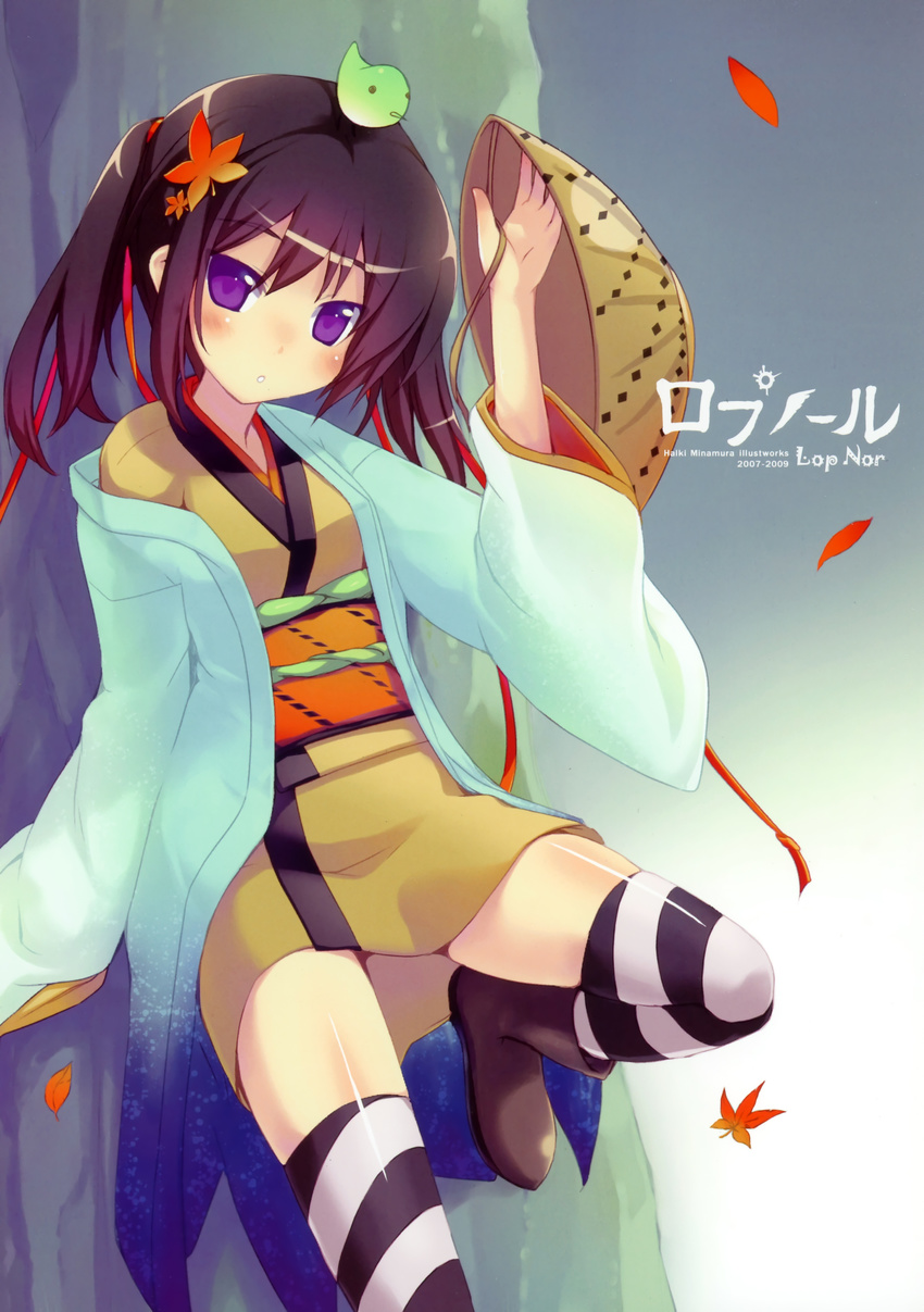 absurdres ajirogasa black_hair hat highres japanese_clothes kimono leaf leaning_back maple_leaf minamura_haruki original purple_eyes short_kimono solo striped striped_legwear thighhighs twintails yellow_kimono yukata