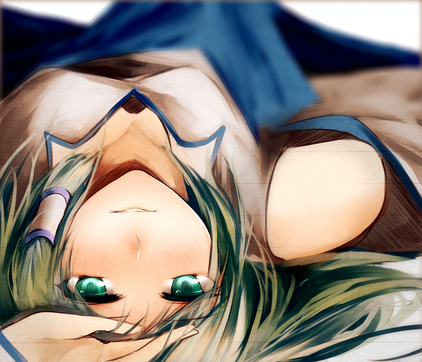 bare_shoulders blurry breasts cleavage depth_of_field detached_sleeves downblouse face foreshortening green_eyes green_hair highres kochiya_sanae long_hair looking_at_viewer lying medium_breasts metalwasabi on_back sketch smile solo touhou upside-down