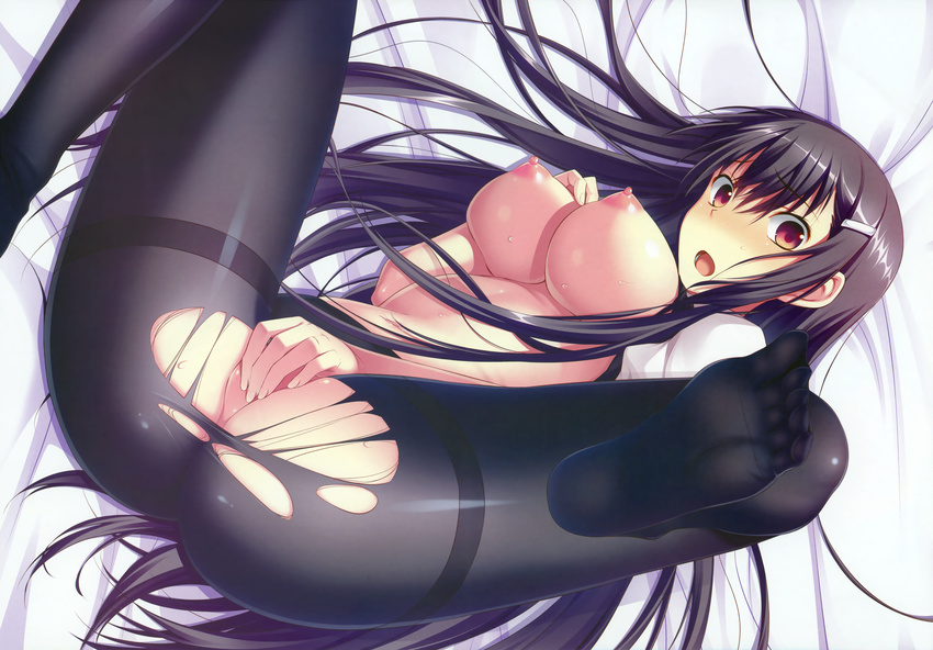 absurdres amakura blush breasts covering dengeki_hime erect_nipples feet highres large_breasts nipples no_shoes nopan open_mouth pantyhose soles sweat toes torn_clothes torn_pantyhose wet worlds_and_world's_end worlds_and_world's_end yazama_fumika