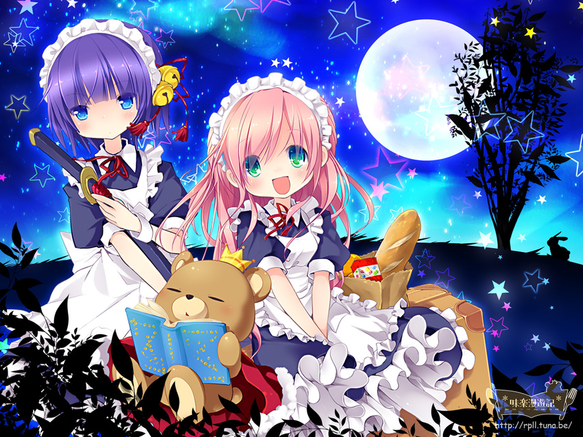 :d apron bag bell blue_eyes book bread candy crown food full_moon green_eyes happy long_hair maid maid_headdress moon multiple_girls night open_mouth original pink_hair purple_hair sakurano_miya short_hair smile star stuffed_animal stuffed_toy sword teddy_bear tree weapon wrist_cuffs