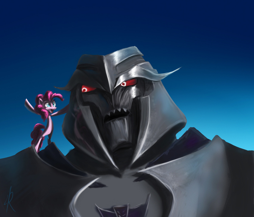 company_connection crossover fausto full_body megatron megatron_(prime) my_little_pony my_little_pony_friendship_is_magic no_humans pinkie_pie red_eyes simple_background standing transformers transformers_prime upper_body