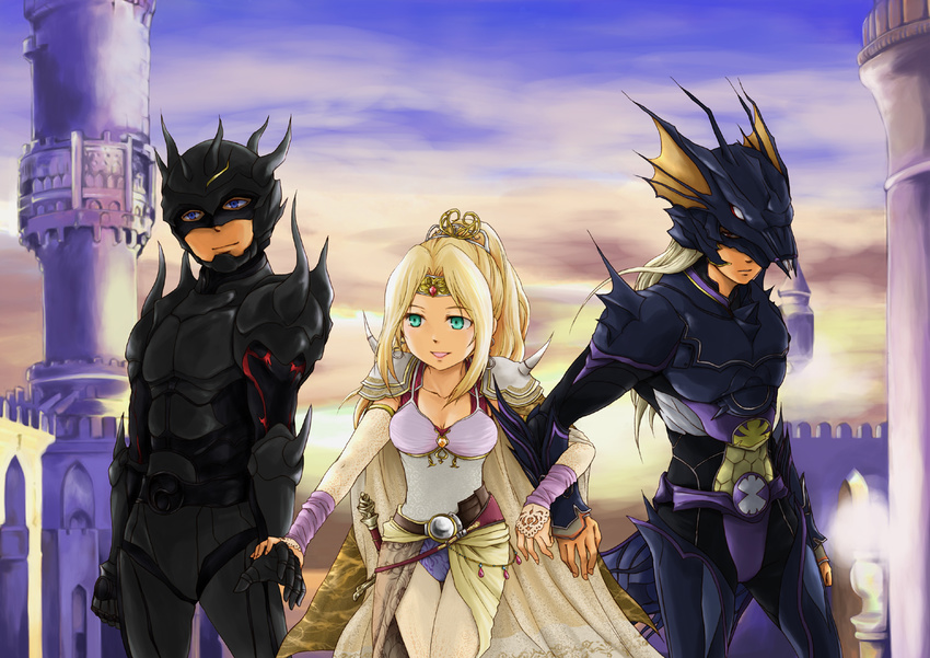 1girl 2boys armor belt blonde_hair blue_eyes bridal_gauntlets cain_highwind cape cecil_harvey earrings female final_fantasy final_fantasy_iv hair_ornament helmet jewelry leotard long_hair male multiple_boys pantyhose pekamatu ponytail rosa_farrell shoulder_pads sky sword tiara weapon